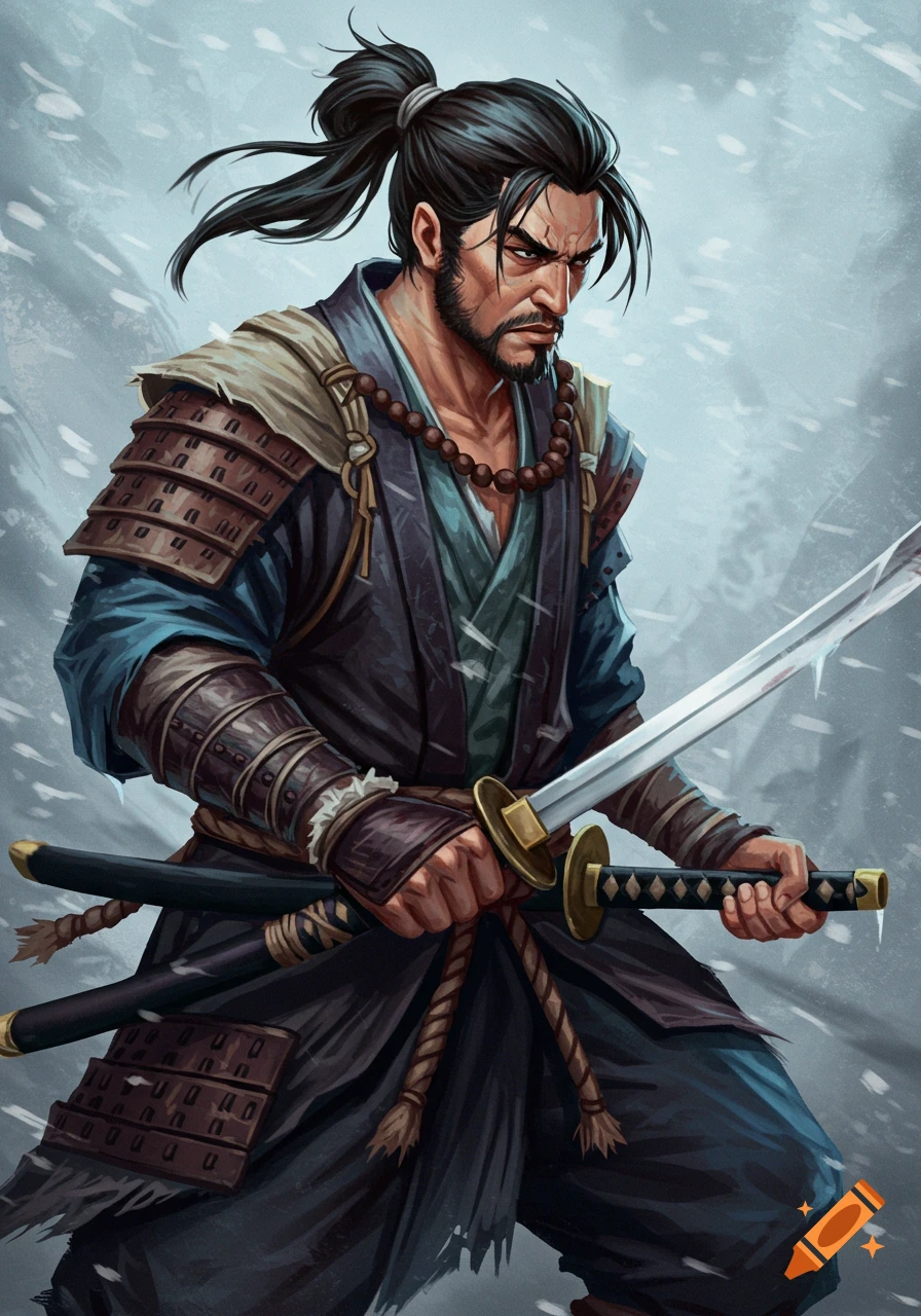 A ronin holding a sword in the snow.