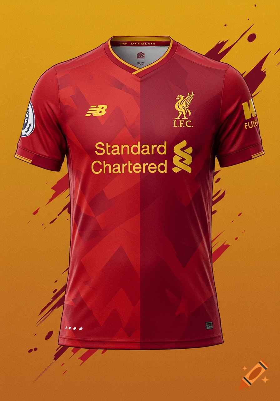 A red football jersey with yellow logos and text.