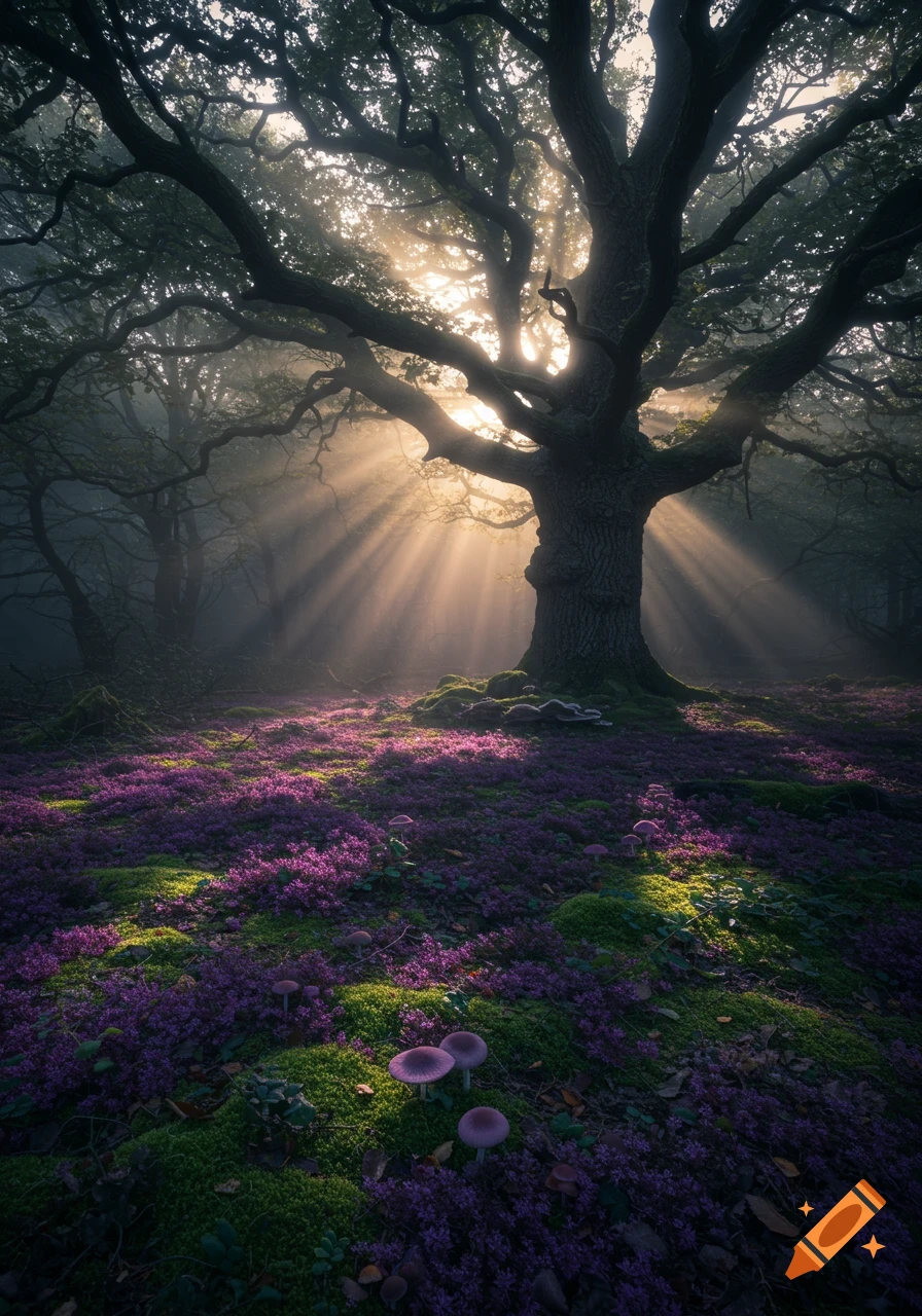 Sunlight streams through an ancient tree onto a forest floor covered in purple flowers and mushrooms.