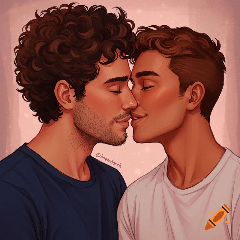 Two men are shown kissing