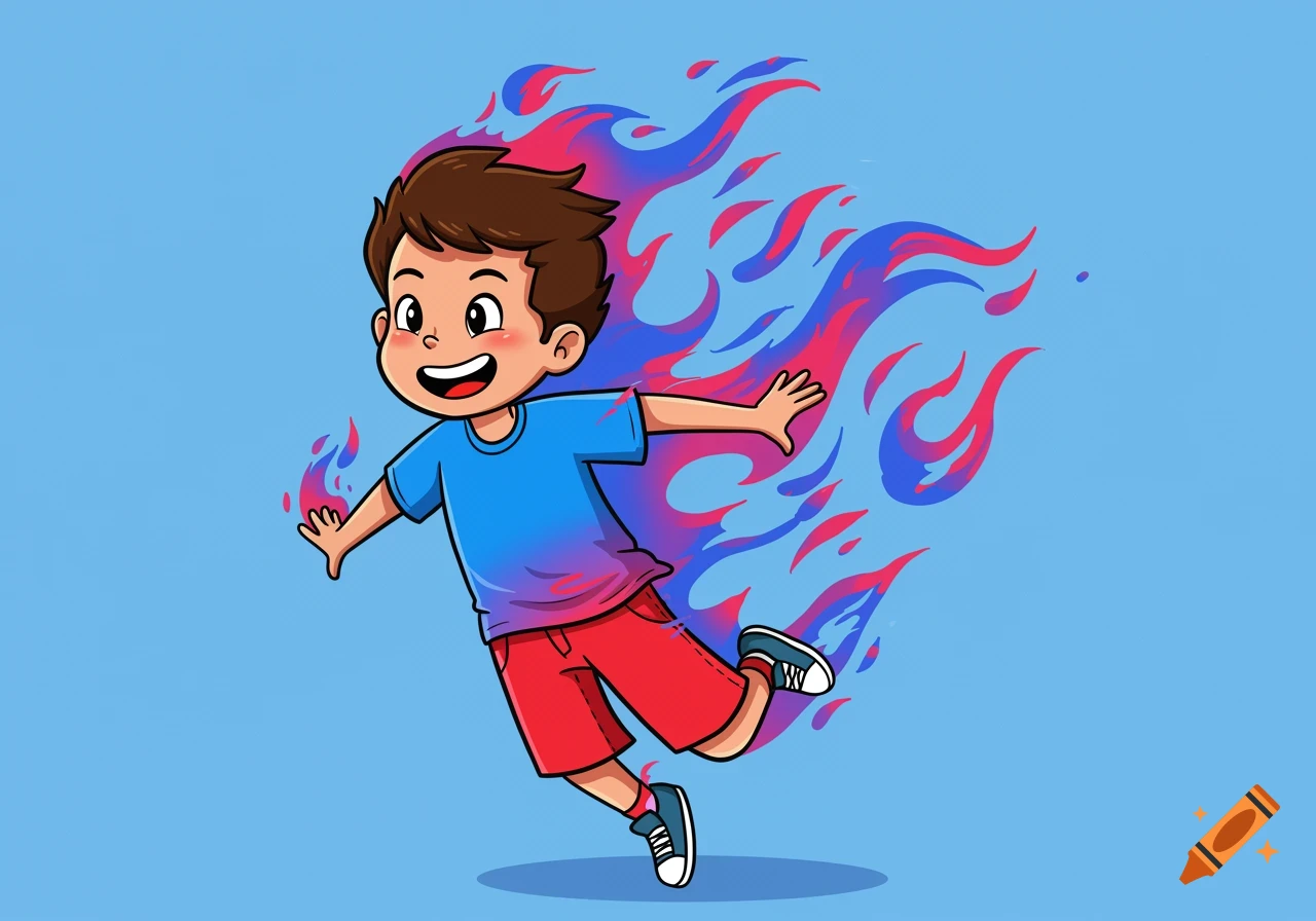 Cartoon illustration of a boy surrounded by stylized blue and red flames.