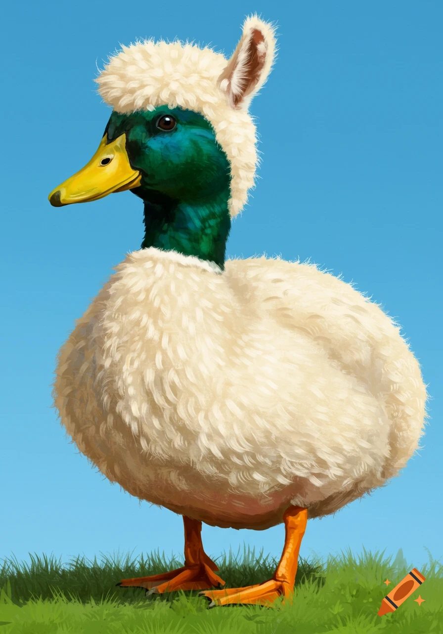 A duck covered in white llama wool, standing on grass against a blue sky.
