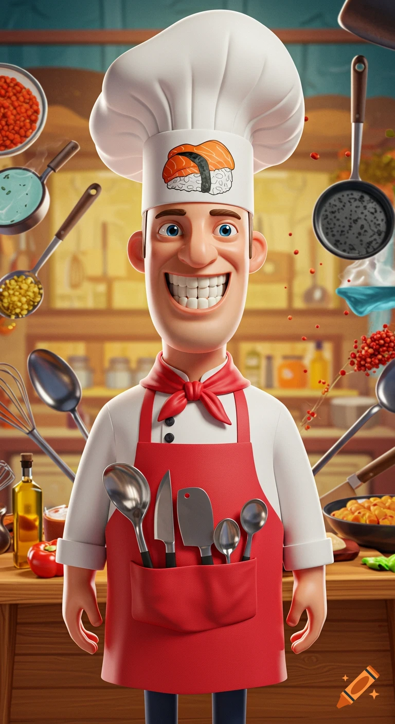 Cartoon chef smiling in a kitchen, wearing a sushi hat and apron with kitchen tools.