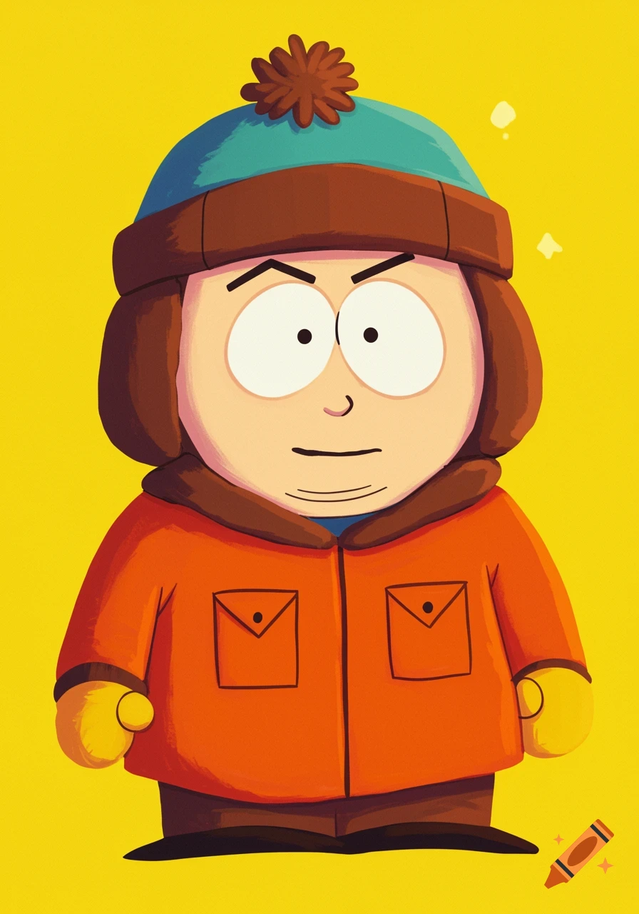 Cartoon character Eric Cartman in orange coat and blue hat on yellow background.