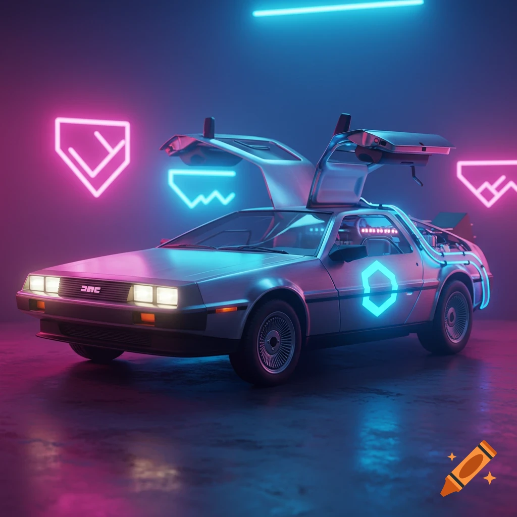 A shiny DeLorean car with glowing blue hexagonal light panels, parked in a dark garage with pink and blue neon lights.