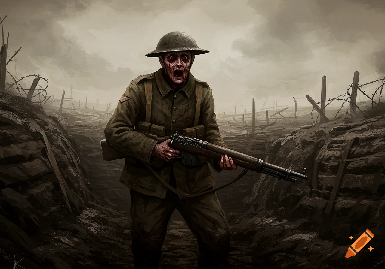 Zombie soldier holding a rifle in a WWI trench.