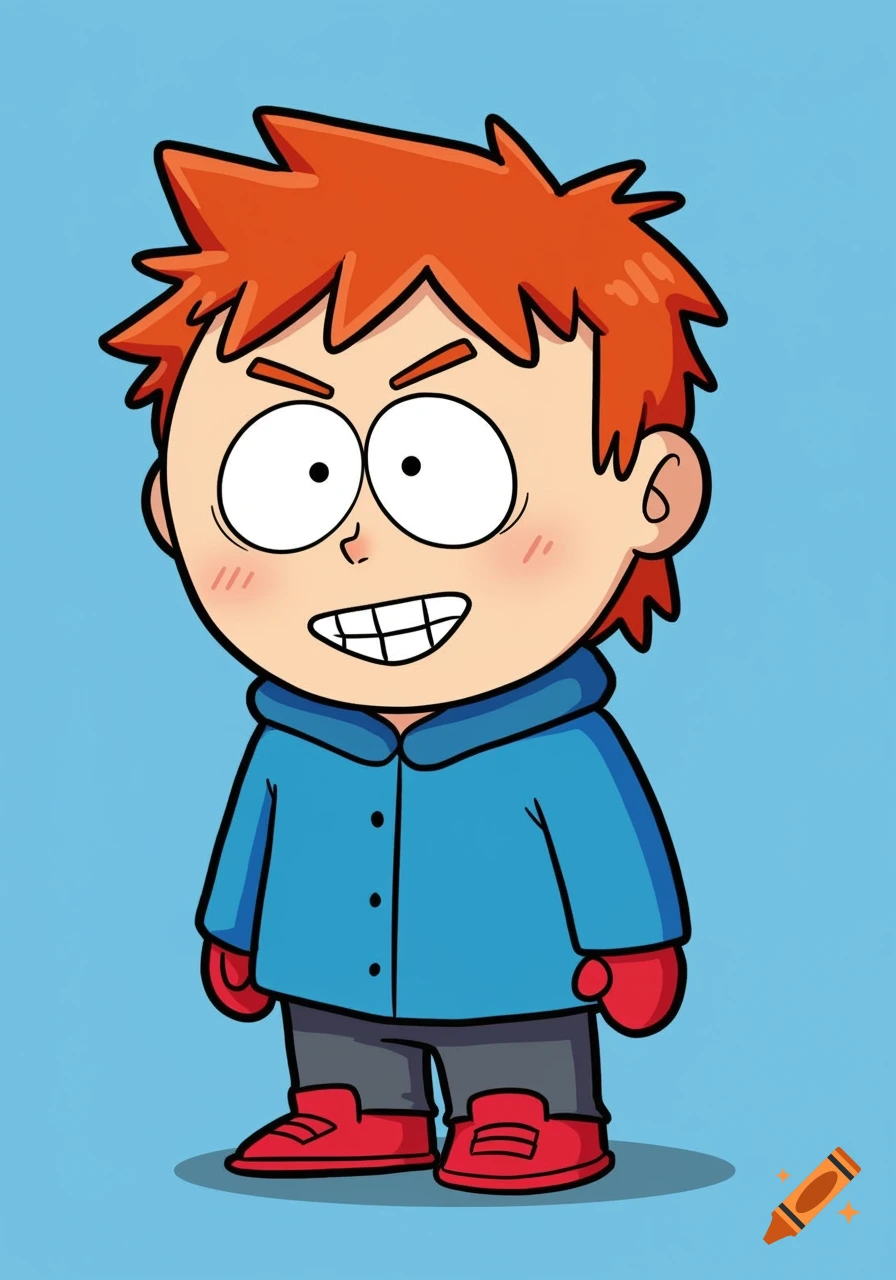 Cartoon boy with spiky orange hair, wide eyes, grin, blue hooded coat, grey pants, red shoes, South Park style