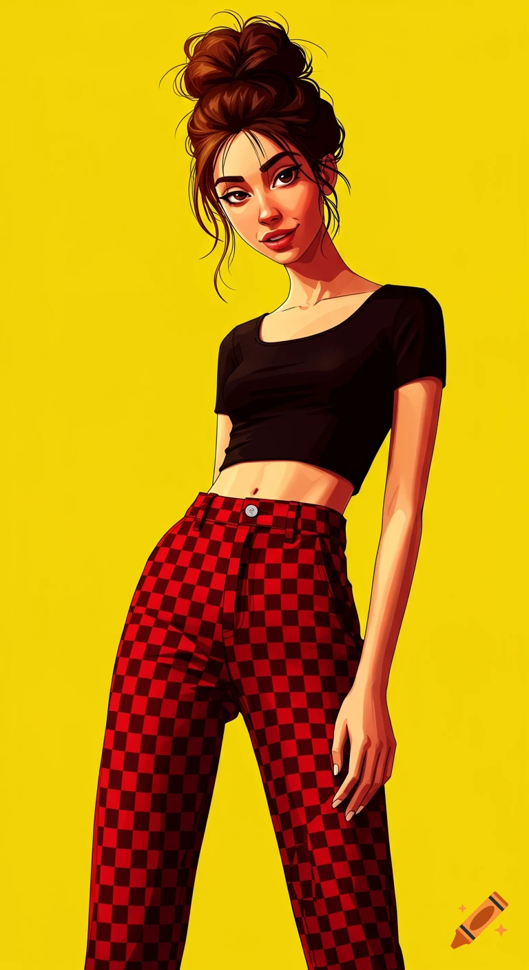 A girl with a messy bun, black crop top, and red and black checkered pants against a yellow background.