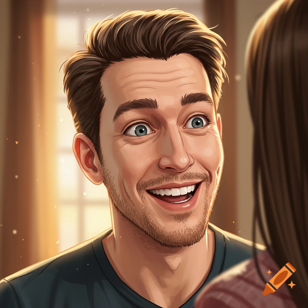 Cartoon close-up of a man with wide eyes and a wide smile, looking amazed.