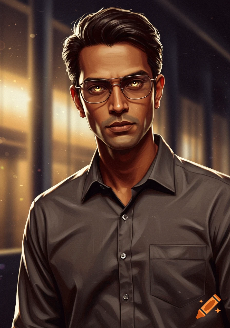 Portrait of a man with glasses and amber eyes wearing a dark shirt.