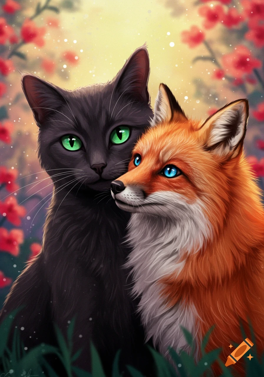 A black cat and orange fox looking at each other in flowers.