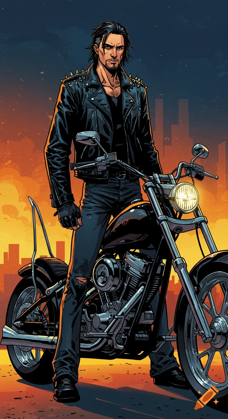 A man in a biker outfit stands beside his motorcycle with a city skyline at sunset.