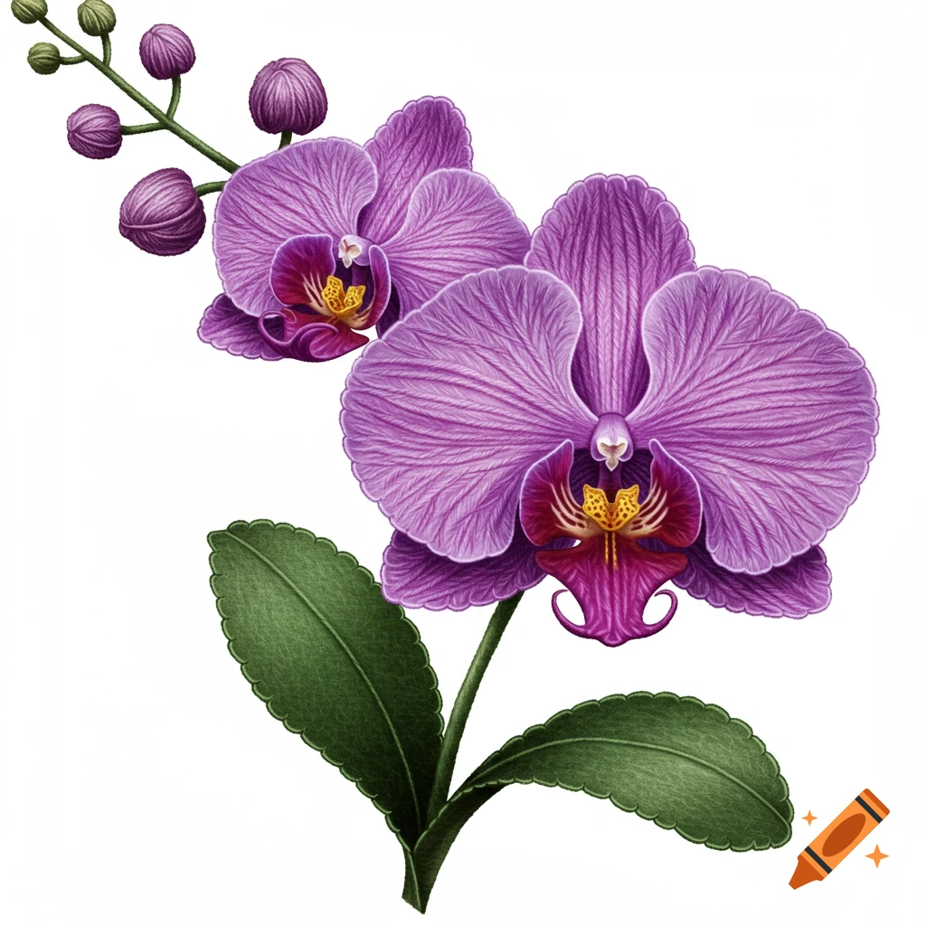 Purple orchids with buds and leaves