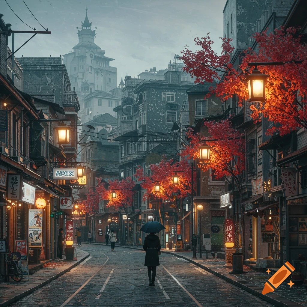 A person with an umbrella walks down a wet cobblestone street lined with buildings and trees with red leaves.