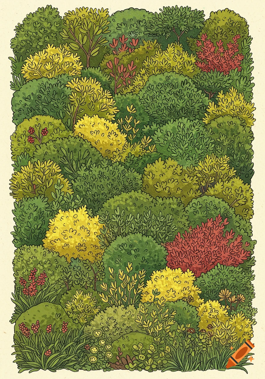 Illustration of dense, stylized bushes and foliage in green, yellow, and red.