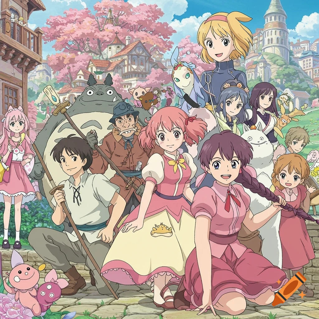 Anime illustration of many characters, including Totoro, in a fantasy town with a large pink cherry blossom tree.