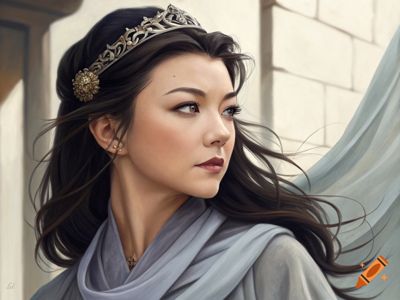 A close-up portrait of a woman in a crown and light blue scarf, looking to the side.
