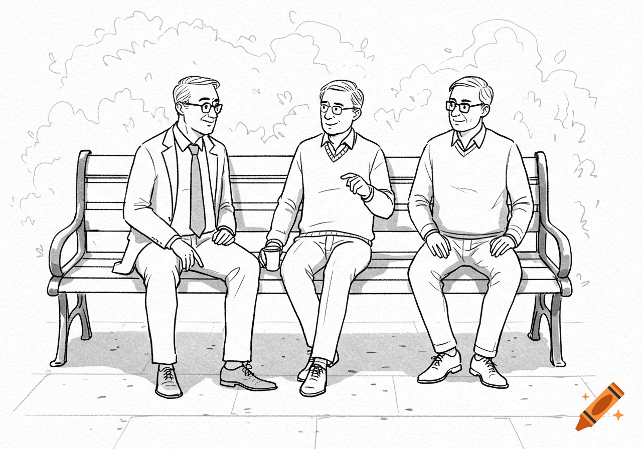 Sketch outline of three men sitting on a bench.