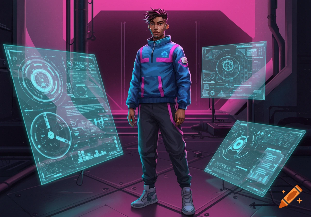 A person in a futuristic cyberpunk setting with holographic screens