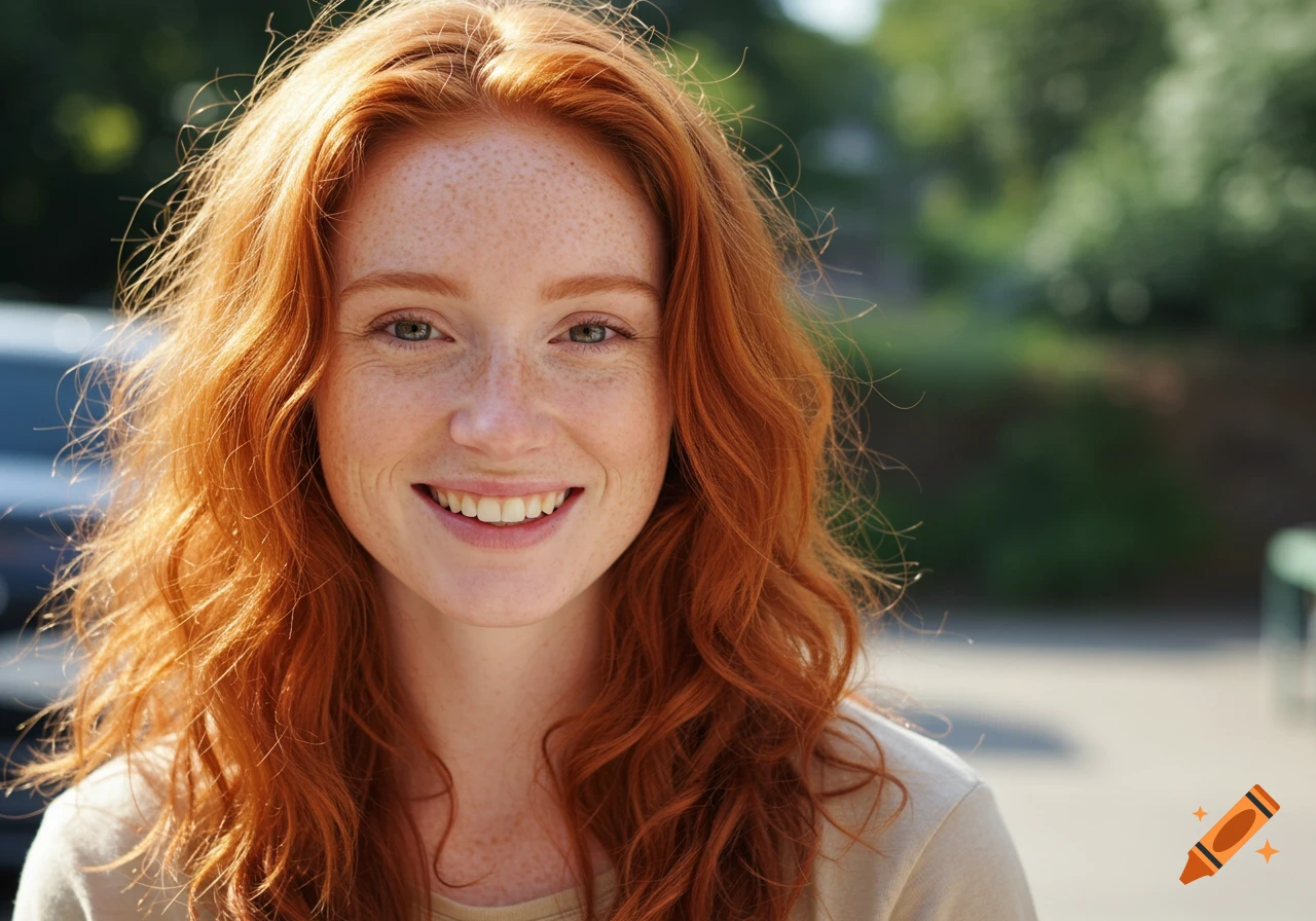 Close-up photorealistic portrait of a young woman with red hair and freckles smiling.