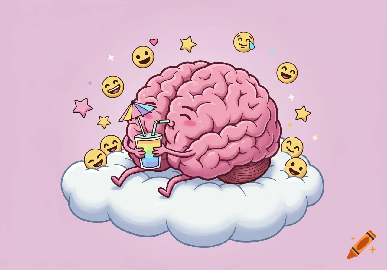 A cartoon brain lounges on a cloud, sipping a drink, surrounded by emojis and stars in a dreamy style.