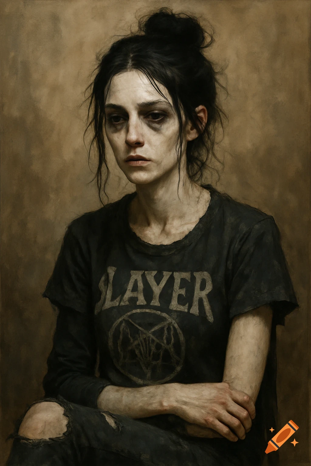 A person with a messy bun, smudged eyeliner, wearing a band t-shirt and ripped jeans has a melancholy expression.