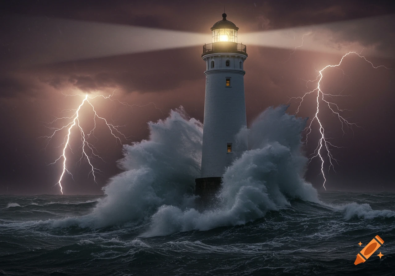 A lighthouse stands firm during a severe thunderstorm with lightning and large waves.