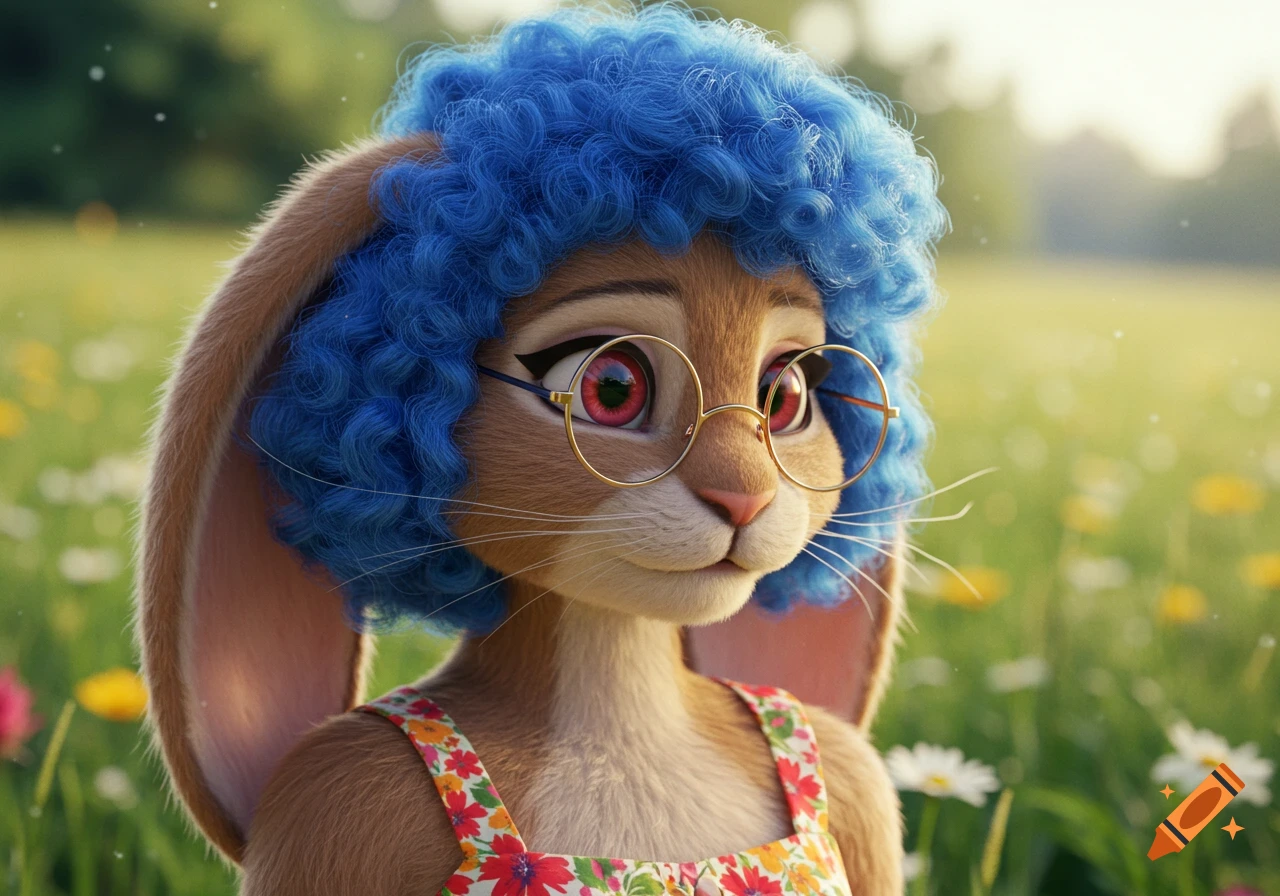 An anthropomorphic rabbit with blue curly hair, red eyes, and glasses wears a floral dress in a field.