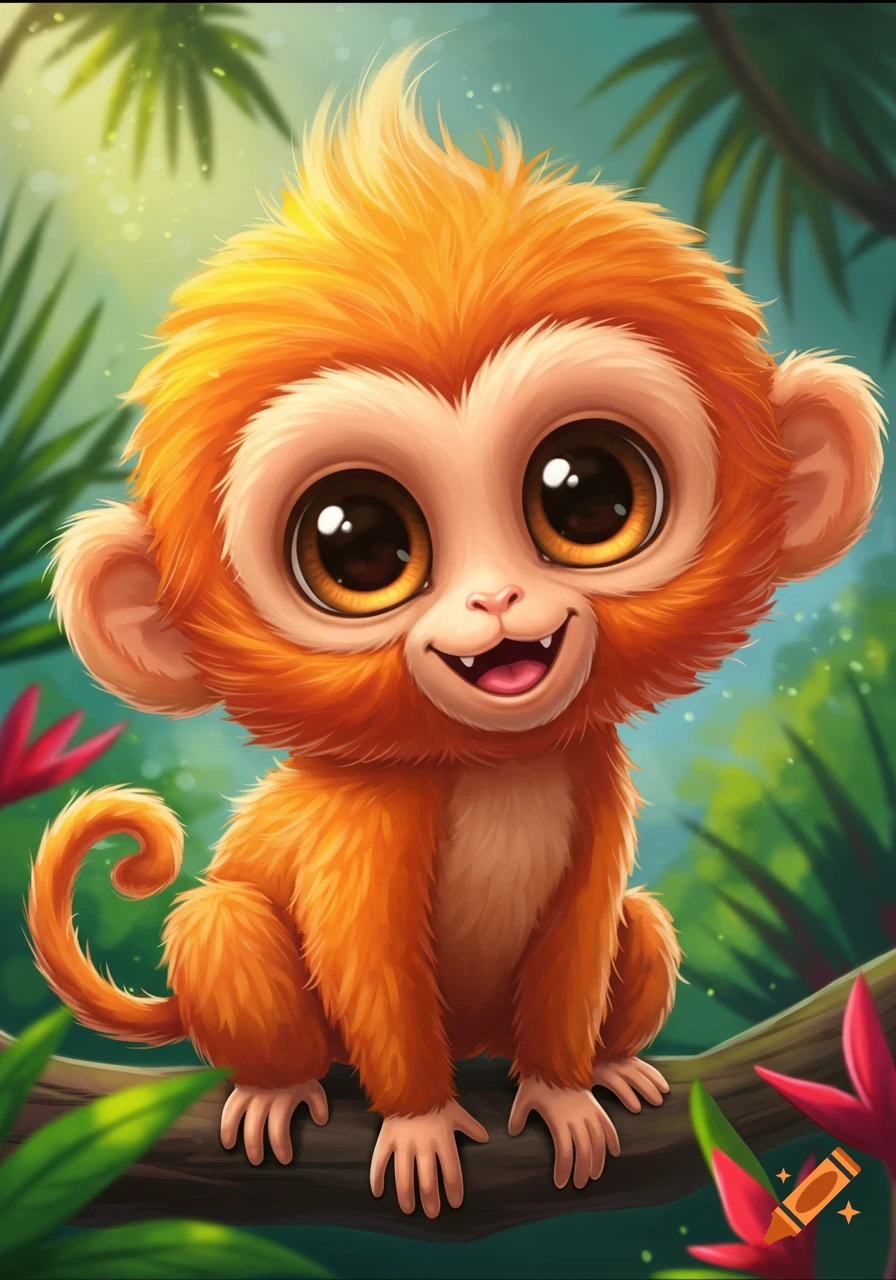 A cute cartoon monkey sits on a tree branch in a jungle.