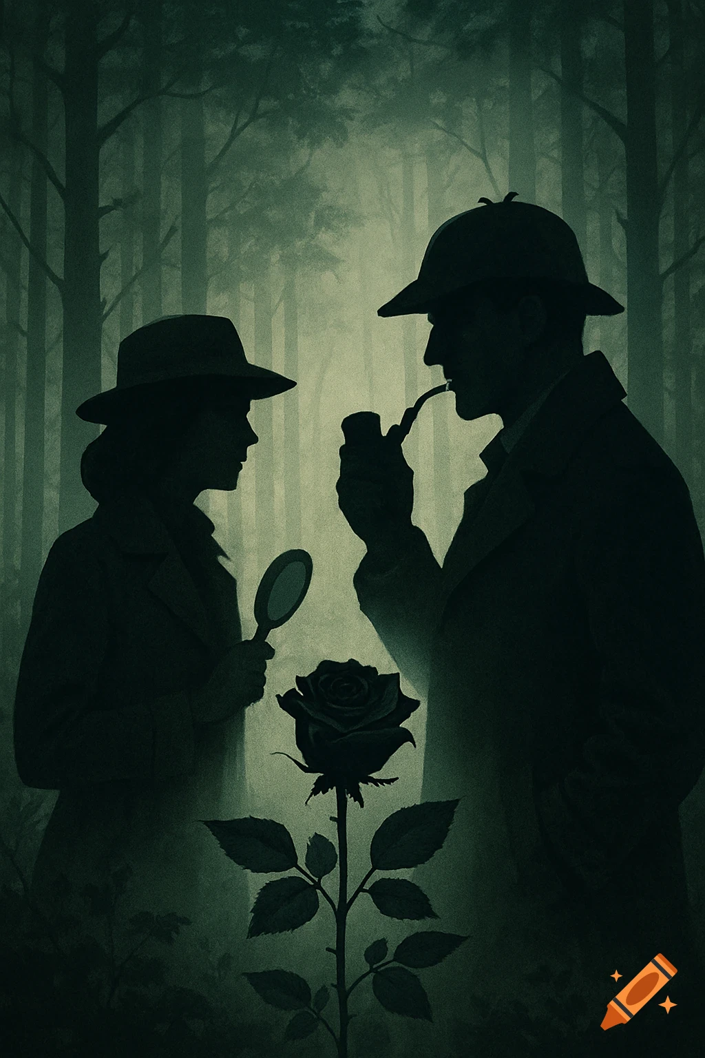 Silhouetted figures of two detectives and a rose in a foggy forest, book cover style illustration.