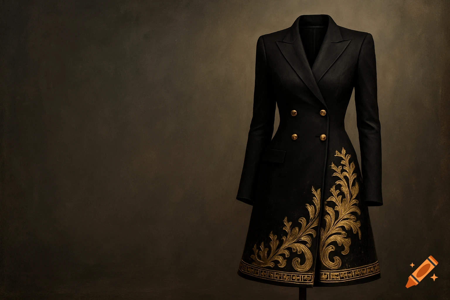 A black dress with gold embroidery on a mannequin.