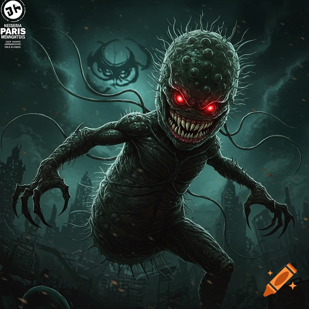 A green monster with red eyes and sharp teeth looms over a ruined city.