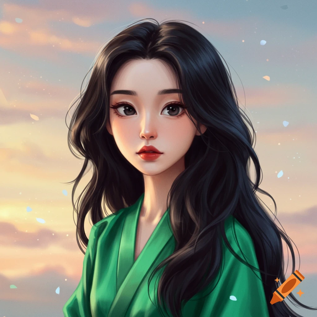 Portrait of a young woman with long black hair in a green robe against a cloudy sky.