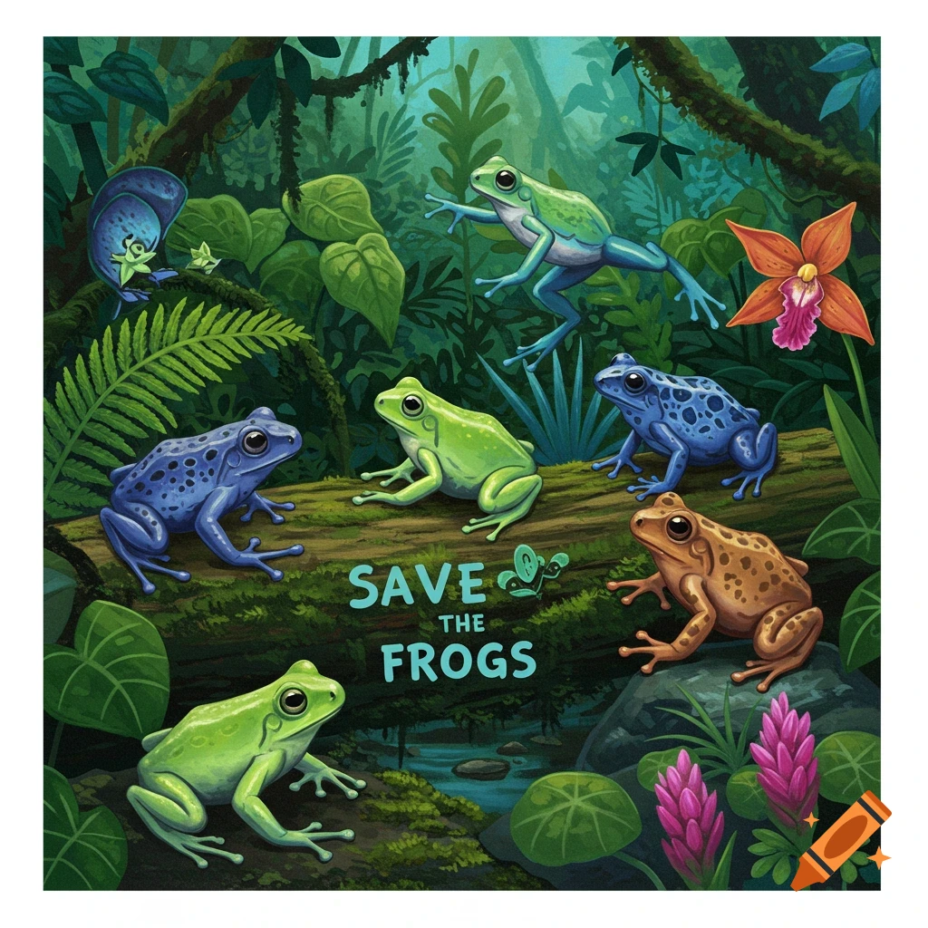 Colorful frogs in a jungle with text 'SAVE THE FROGS'.
