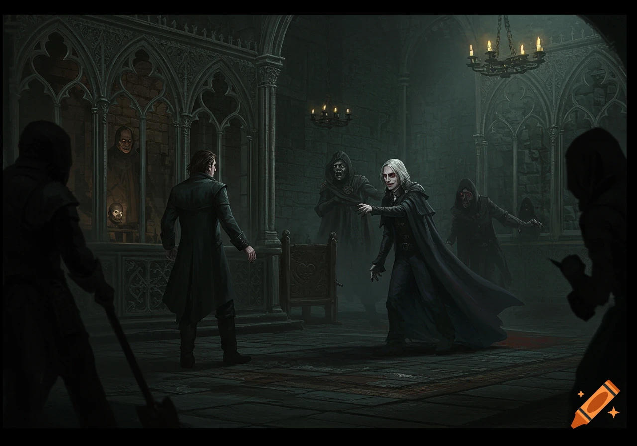 A pale, white-haired figure confronting another man in a dark gothic hall, with hooded figures in the background.