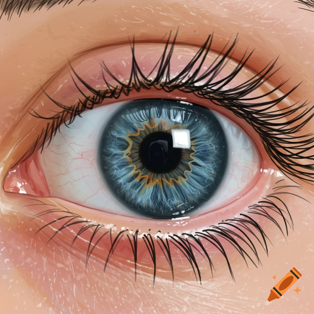 A blue and yellow eye with long eyelashes.