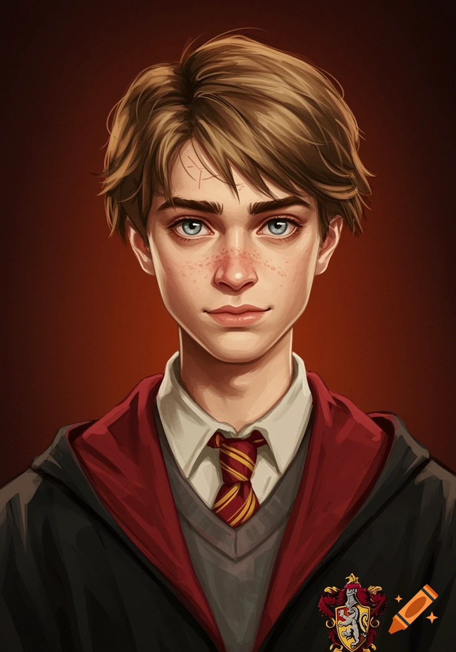 Portrait of a young man in red and gold wizarding robes, tie, and a crest, with freckles and a scar on his forehead.