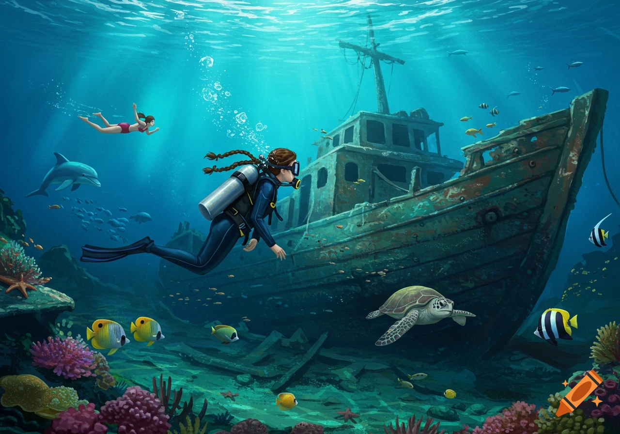 Scuba divers, a swimmer, marine life, and a shipwreck underwater.