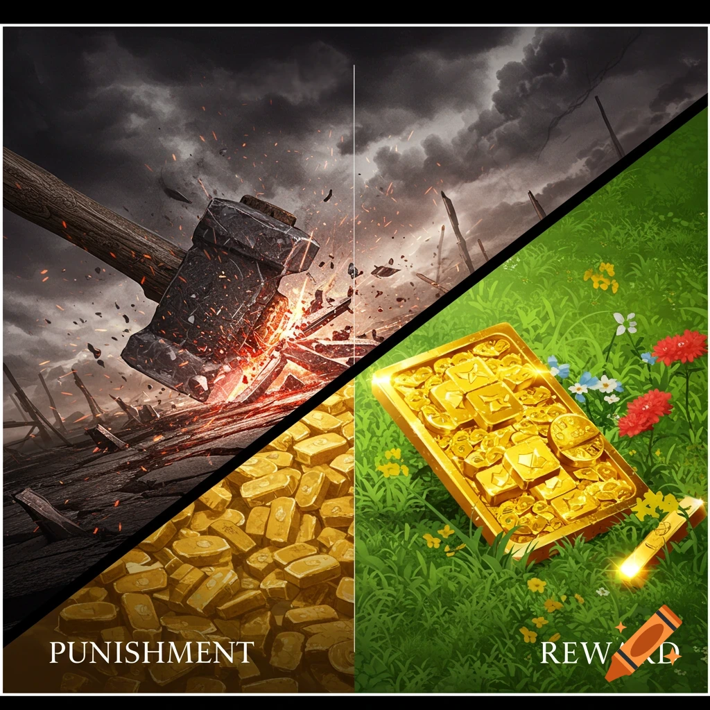 Diagonal split image showing a hammer smashing wood on one side (punishment) and gold and flowers on the other (reward).