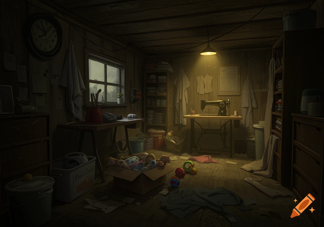 A dimly lit, cluttered sewing room or workshop with a sewing machine, shelves, and a box of toys on the floor.