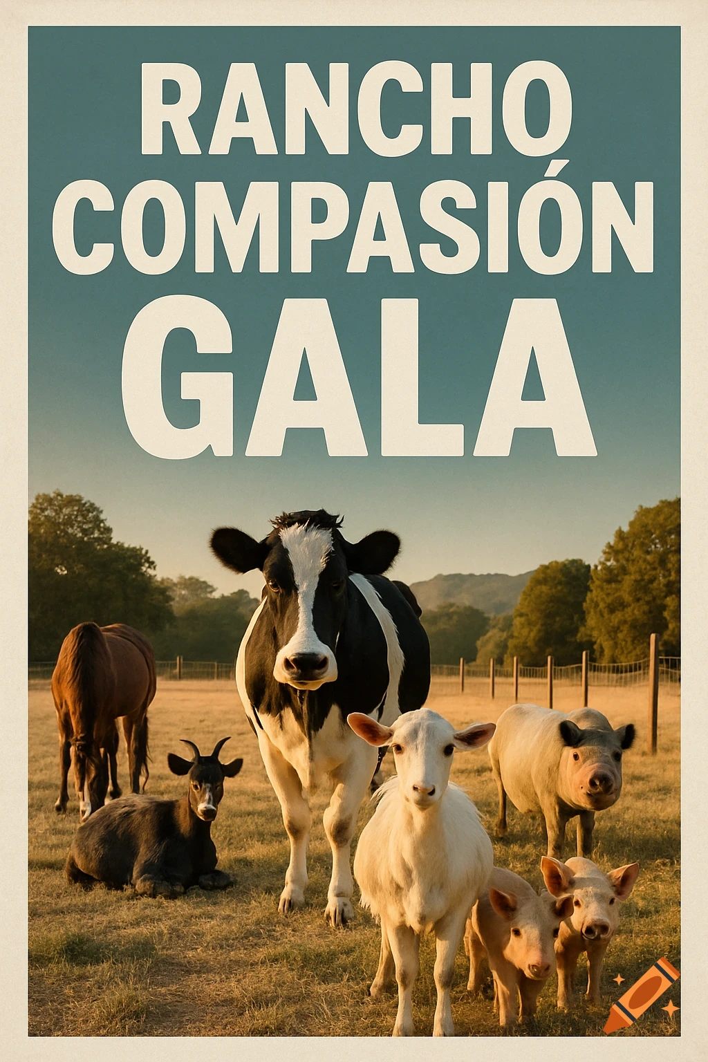 Poster art of farm animals in a field under text 'RANCHO COMPASION GALA'.