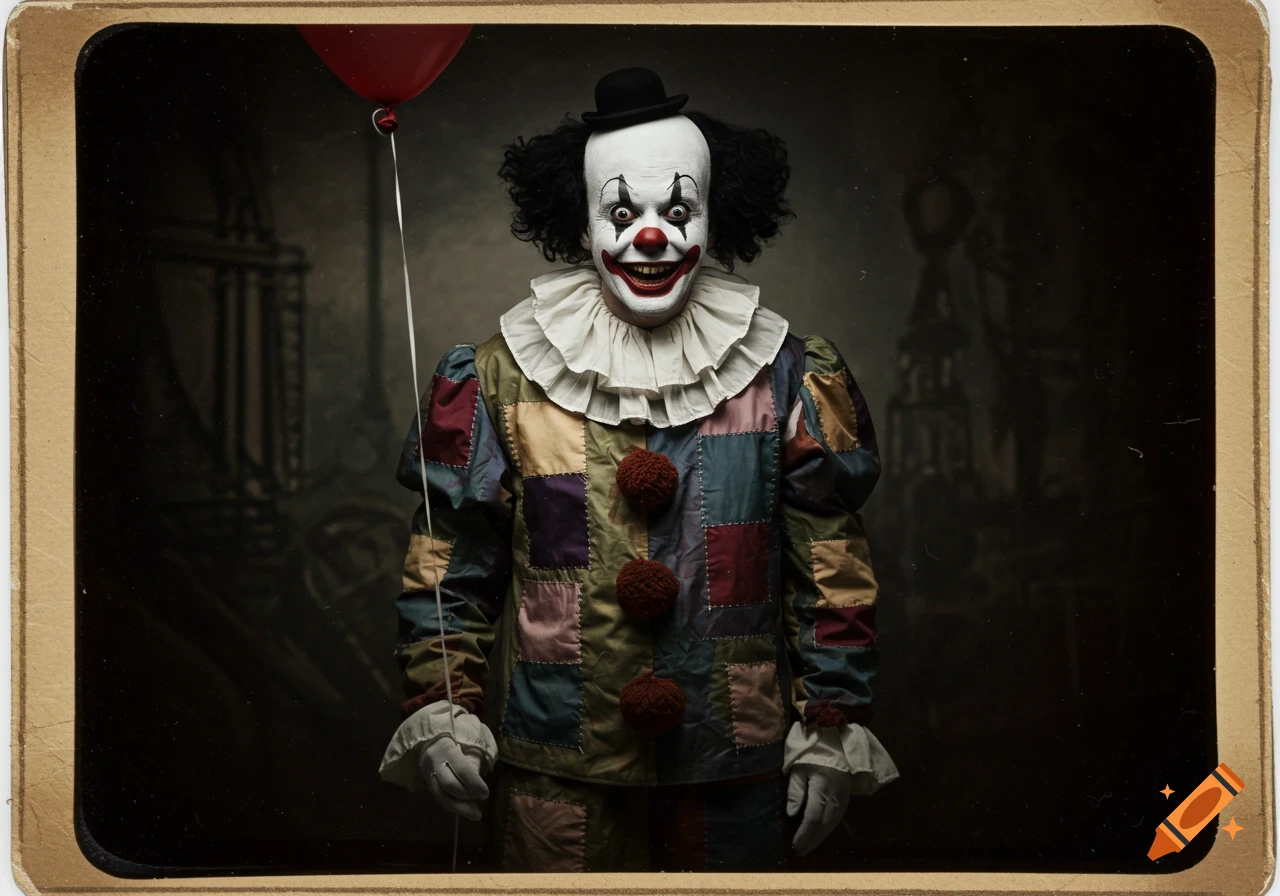 Vintage portrait of a menacing clown in a patchwork suit with a red balloon