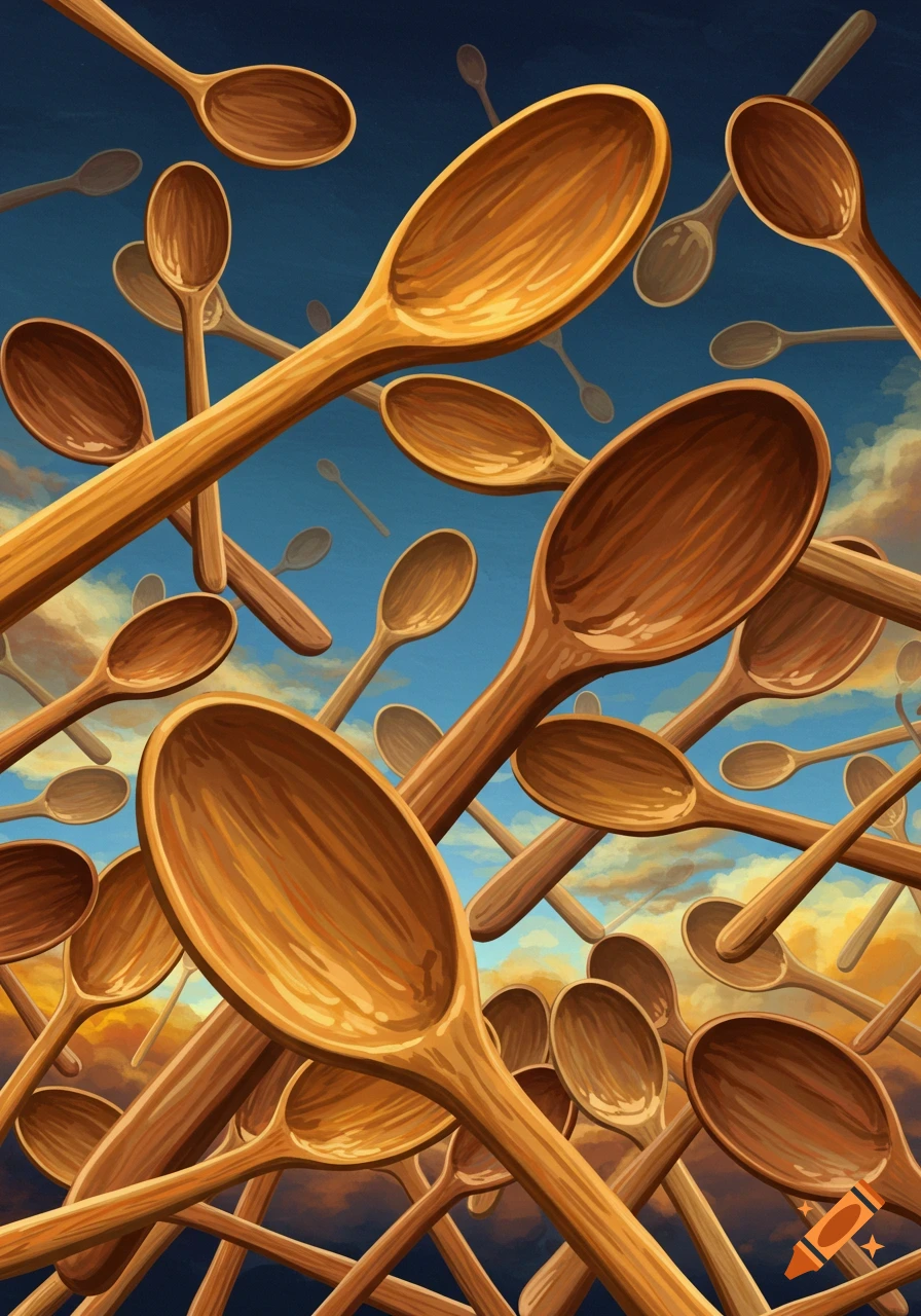 Many wooden spoons floating and waving against a cloudy sky.