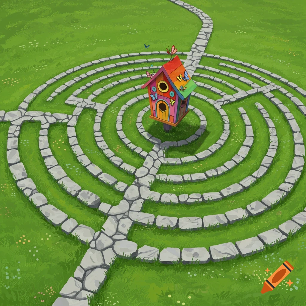 A colorful birdhouse in the center of a stone labyrinth on a grassy hill, with butterflies.