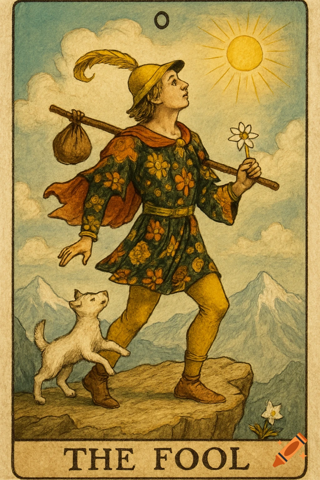 Illustration of The Fool tarot card, showing a person and dog on a cliff.