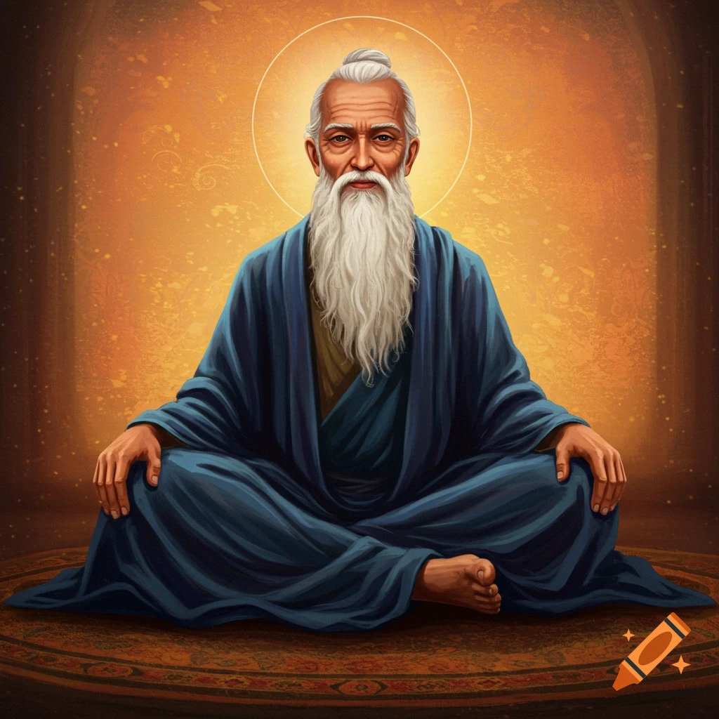 An old sage with a long white beard, sitting cross-legged with a halo behind his head.