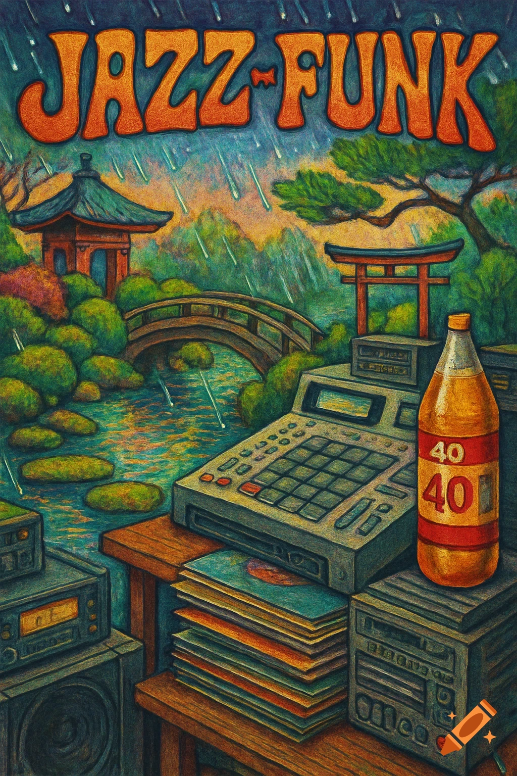 A jazz-funk scene of a rainy Japanese garden with music gear, records, and a bottle, textured style.