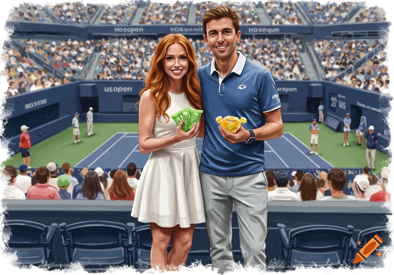 A man and woman are holding sweets at a tennis stadium