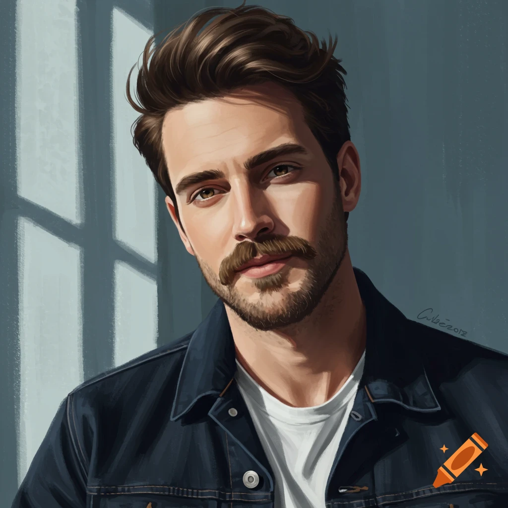 Portrait of a man with mustache and beard wearing a denim jacket