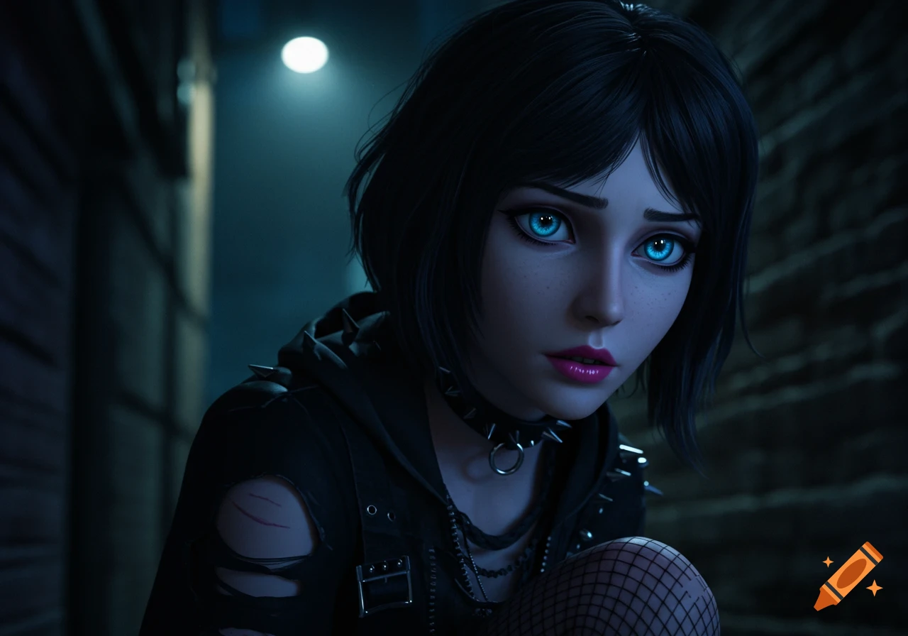 Stylized character with bright blue eyes, dark hair, and goth clothing in a dark alley.